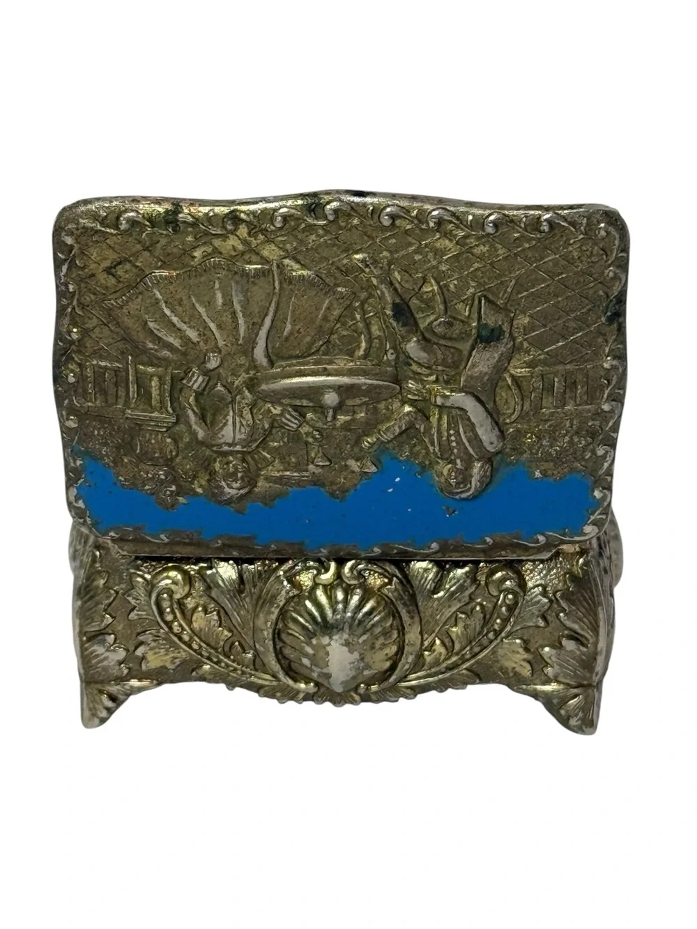 Vintage Repousse Metal Enamel Trinket Jewelry Box Courting Couple Made in Japan